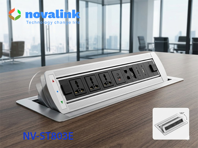 Ổ điện âm bàn họp tự động Novalink NV-ST803E, xoay điện 180 độ, tích hợp HDMI, USB-C, mạng LAN